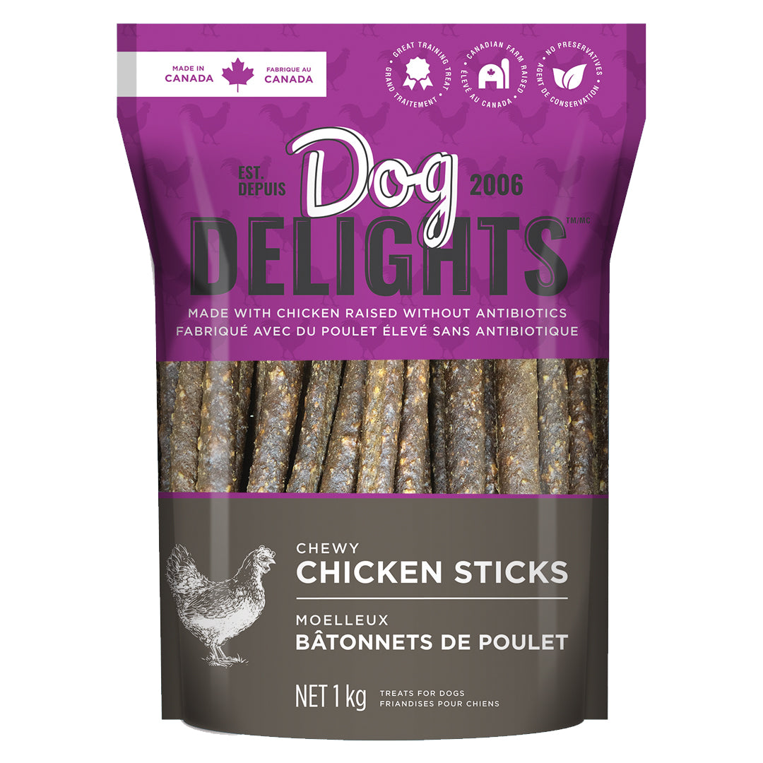 Chewy Chicken Sticks - Chicken Dog Treats Bag Front | Dog Delights