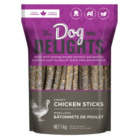 Chewy Chicken Sticks - Chicken Dog Treats Bag Front | Dog Delights