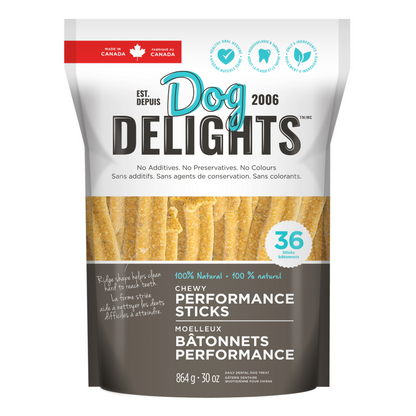 Chewy Performance Sticks - Natural Dental Dog Treats Bag Front  | Dog Delights